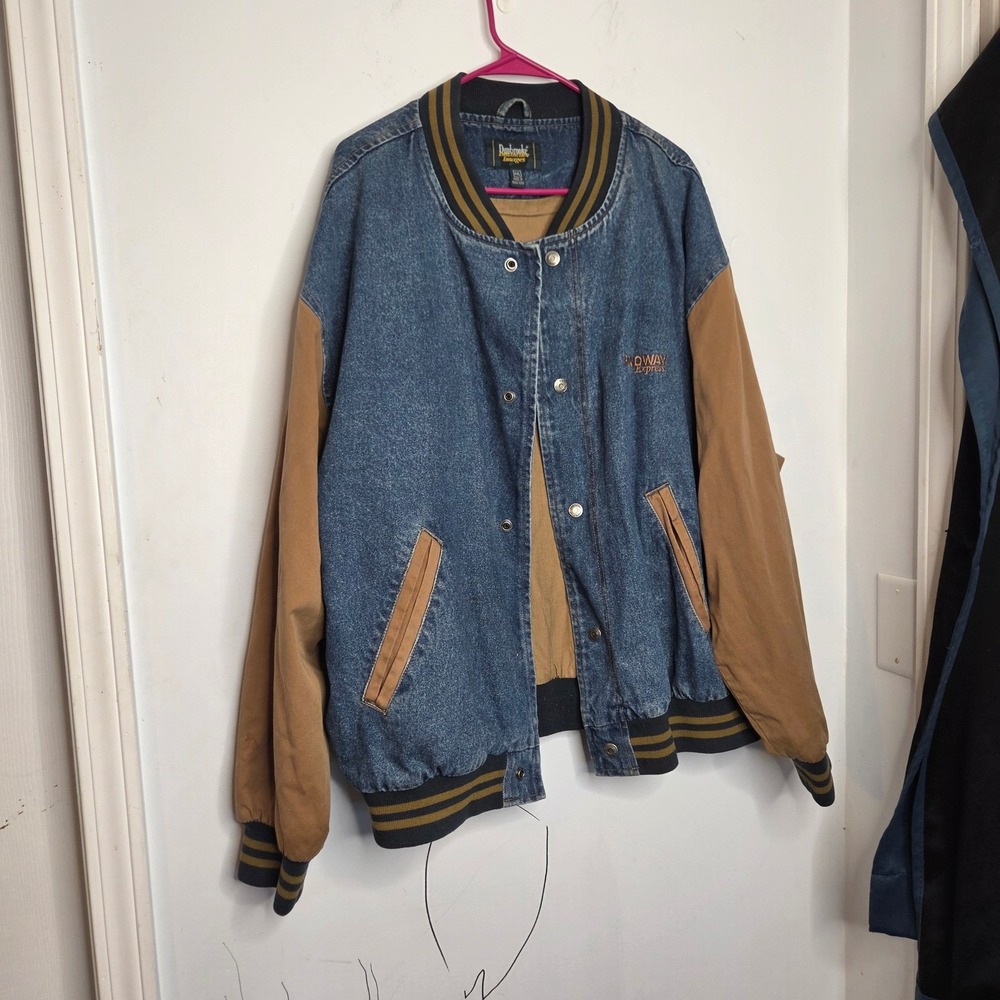 Dunbrooke Roadway Express Denim Varsity Jacket Blue Tan XXL Vintage Bomber